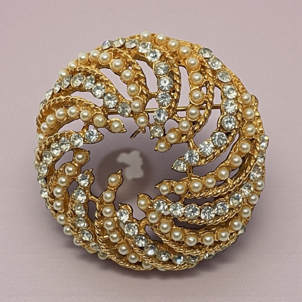 Vintage Signed Capri Rhinestone & Pearl Gold Tone Swirl Circle Brooch Pin
